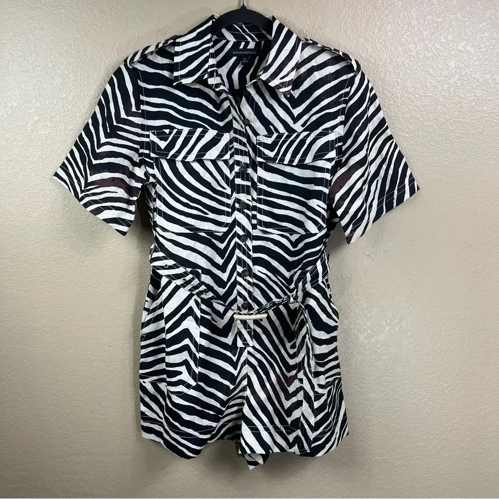Banana Republic Linen Oversized Zebra Shorts Romper NWOT